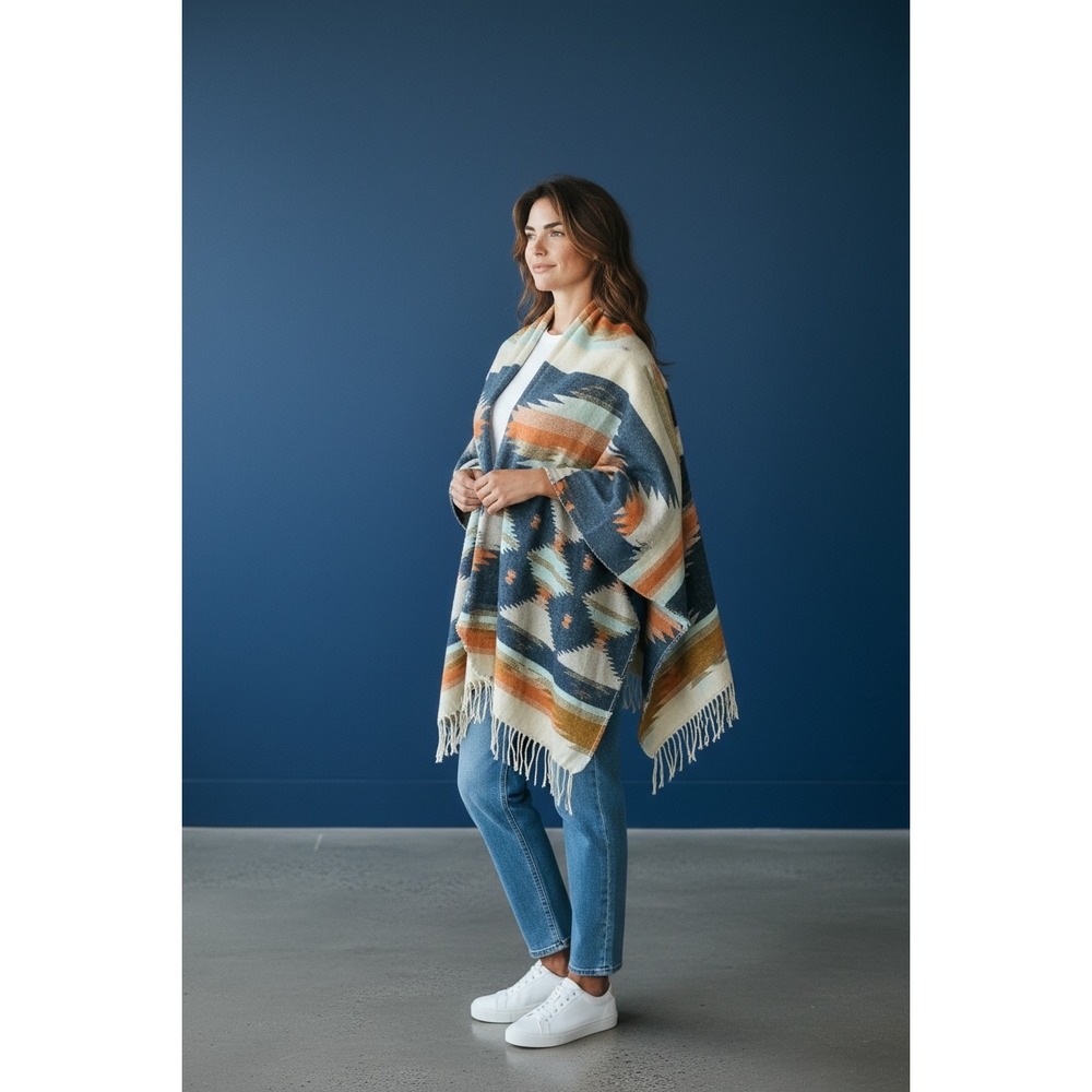 Free People Southwestern Fringe Poncho Wrap Blue Orange Geometric OS